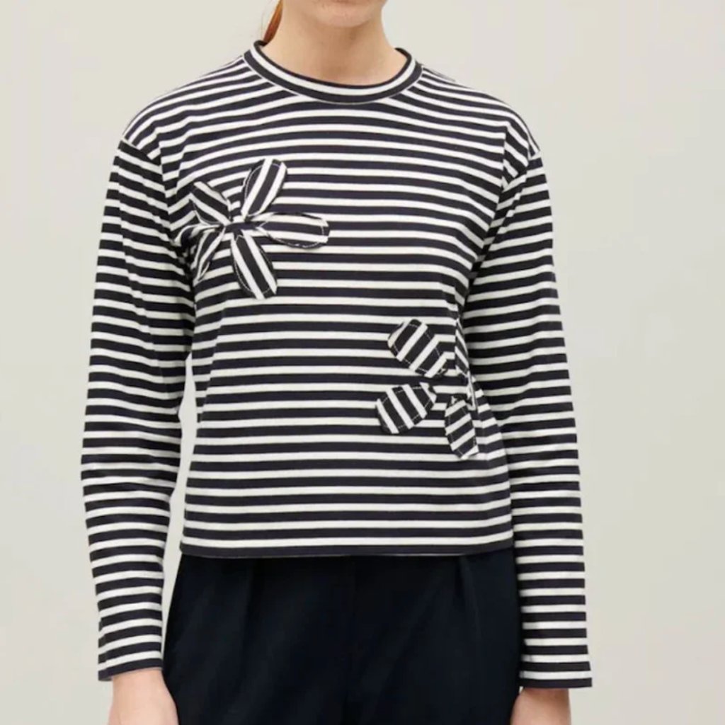 Claudie Pierlot Navy White Striped Long Sleeve T-Shirt With Floral Appliques